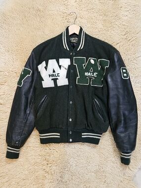 Vintage 1980s Green/White Wool & Leather Varsity Bomber Jacket "W" 1986 Sz 40